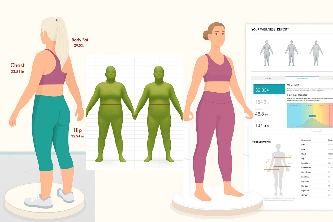 Comparison of body composition scan types including DEXA, BIA, and 3D scanning
