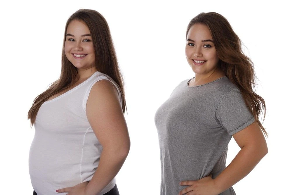 Postpartum weight loss with medical support Illustration of a new mother's postpartum weight loss progress under medical supervision